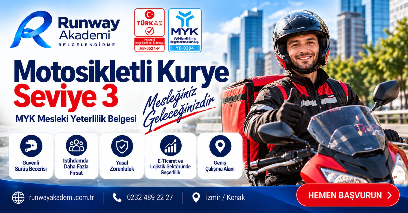 Runway Akademi Sorumlu Emlak Danışmanı Seviye 5 MYK belgesi tanıtımı; modern konut önünde anahtar tutan kadın emlak danışmanı ve YB-0384 yetki bilgisi.